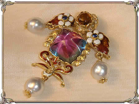 18K Blue Topaz Citrin Pearl Dia Brooch