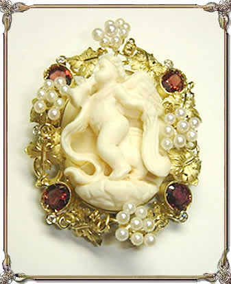 18K Ivory Cameo Garnet Pearl Brooch